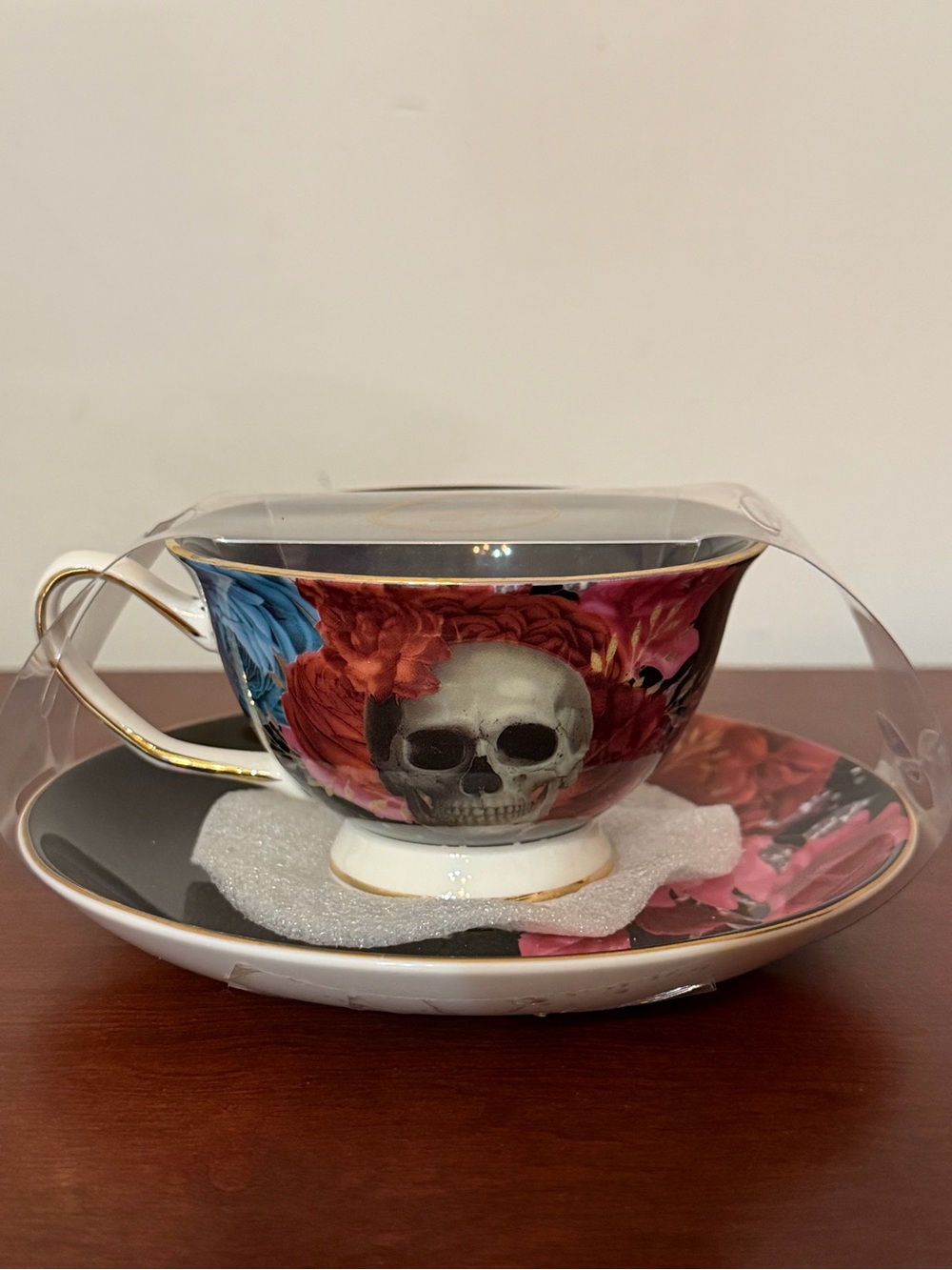 Grace Teaware Halloween Skull Floral Tea Cup & Saucer Fine Porcelain Gold Trim